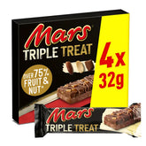 A box of Mars Triple Treat Fruit Nut & Chocolate Bars (4 x 32g), showing "over 75% fruit & nut" on the pack, with one unwrapped bar displayed in front.